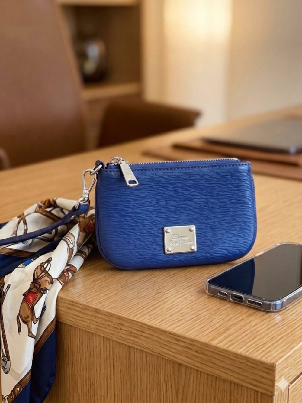 Lauren Ralph‎ Lauren Epi Textured Leather Wristlet Clutch Silver